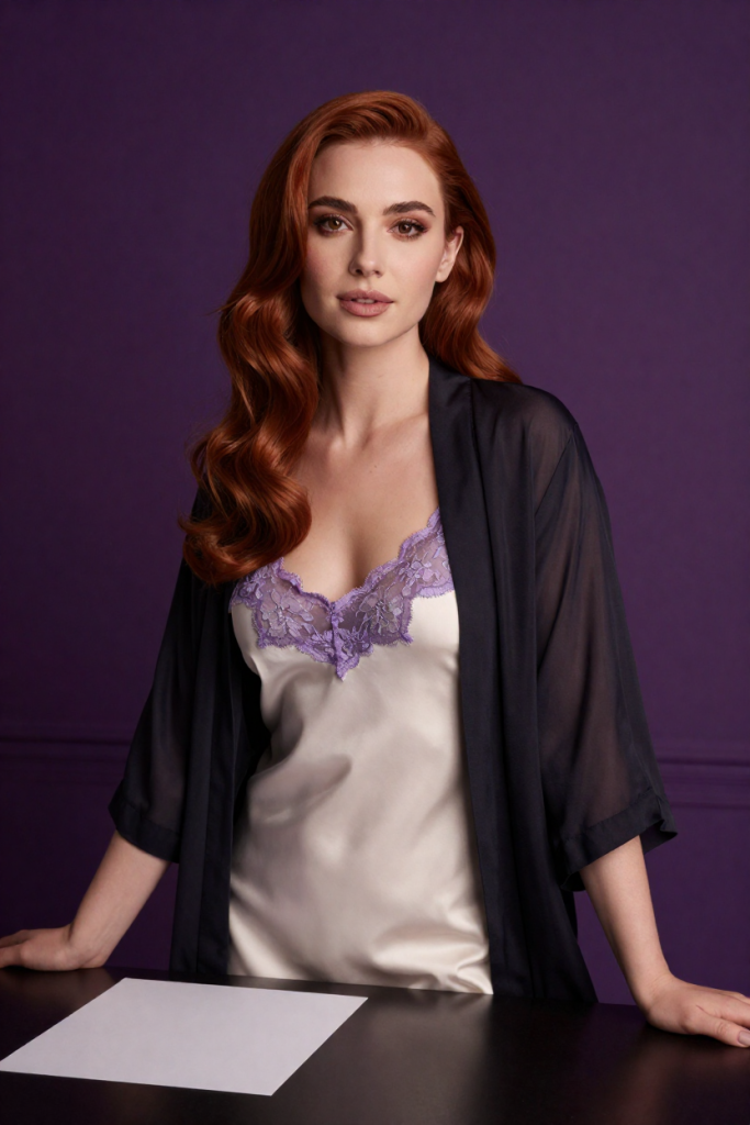 AiPronZone studio muse with long copper hair in an ivory satin slip and violet lace, seated at the zone desk